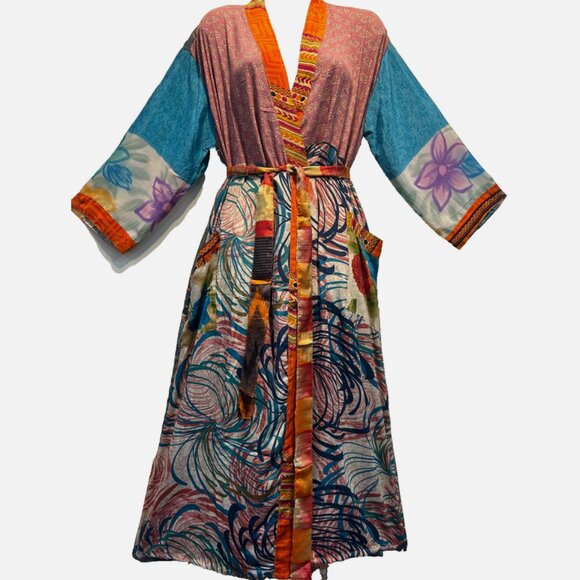 Nwt FUNKY STUFF boho patch belted vintage silk TOP DUSTER CARDIGAN 2X - Picture 1 of 5